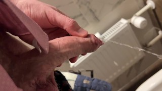 Hairy guy in suit pissing and jerking off at office toilet and cum  