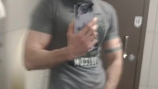 Muscle Daddy Jerks Off In Public Bathroom