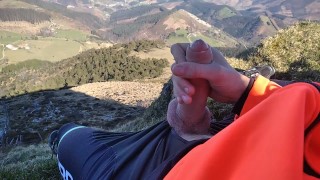 Jock in Fishnet Jerks his Big Fat Cock and Cums on Top of the Mountain 🗻🌲🍃