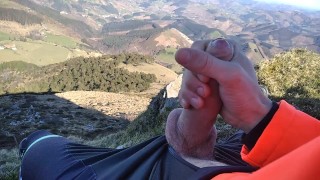 Jock in Fishnet Jerks his Big Fat Cock and Cums on Top of the Mountain 🗻🌲🍃