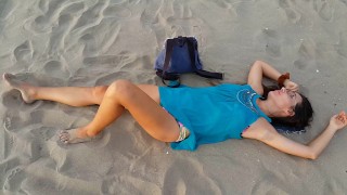 Risky PISSING on one PUBLIC Beach # Red BUTT PLUG flashing