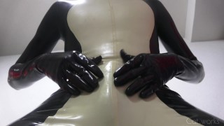 Latex bastet cat handjob and cum