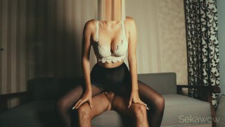 Sex with a beautiful girl in black pantyhose using a banana and first anal penetration