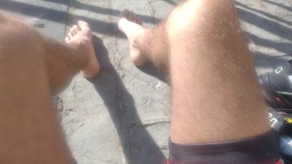 Only Feet👣Amateur Hairy Legs Marking Cock on a Public Beach