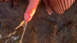 Public piss with hardon in body stocking 