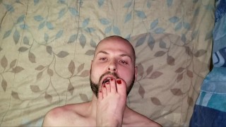 Licking and sucking my toes like the slave that he is! - Jake & Cassandra