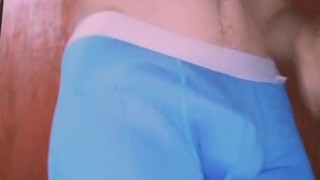 Guy takes bulge out of his boxers to show uncut cock while playing with it and finger his ass!