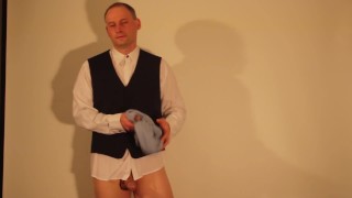 Kudoslong in a shirt and waistcoat strips and wanks his shaved uncut cock