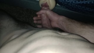 Fucking Fleshlight with butt plug in and cumming - moaning male