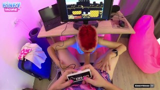 Cute girl sucks dick while I play