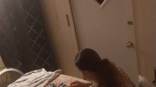 Beautiful white girl smokes in black night gown with a roommate part 1
