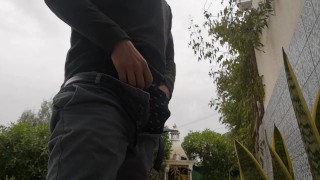 Jerkoff outside and cumming on a plant