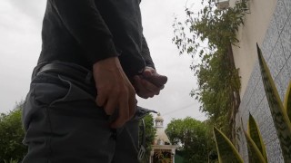 Jerkoff outside and cumming on a plant