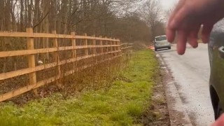 Naked barefoot piss in street for audience 