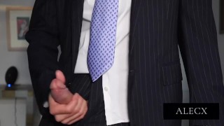 Hung Guy In Suit Cums All over himself in the morning before work
