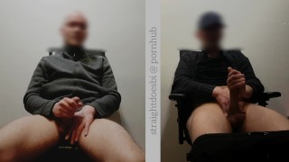 two hot straight guys secretly jerk off together while girlfriends are downstairs