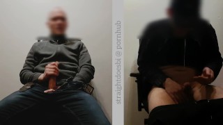 two hot straight guys secretly jerk off together while girlfriends are downstairs