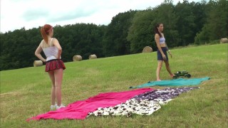 Yoga and Gymnastics Outdoors without Panties in School Uniform Miniskirt with Hot Tight Pussy Girls