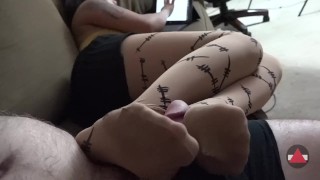 Big Load from Pantyhose Footjob Barbed Wire Nylons