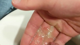 Pushing Fresh Cum Out of My Ass in a Public Toilet