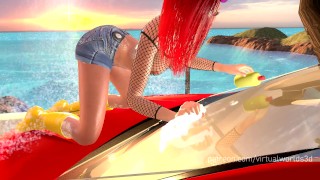 Woman in red shirt carwash breast expansion