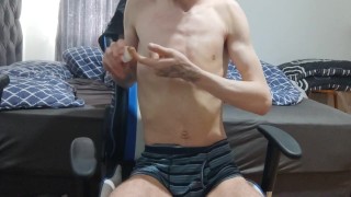 Extremely skinny teen oils up his body and shows his features