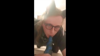 Femboy in Cat Ears Deepthroats HUGE Bad Dragon Dildo!