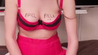 BallbustingStacy Bands Elastrated Balls and Hard Punches Balls in Lingerie Trailer