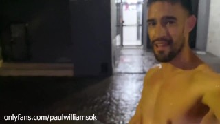 Very risky naked walk outside in the rain