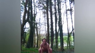 Very very skinny horny teen gets fully naked in the woods and shows his body and takes a piss