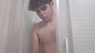 Portuguese twink pisses practices watersports alone