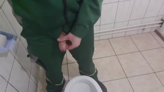 factory worker pissing and jerking off in the toilet