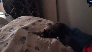 White cute milf in night dress smoking and watching TV