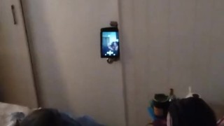 White cute milf in night dress smoking and watching TV
