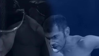 Joe tugs on Larry's balls while he jerks off