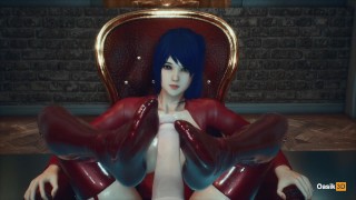 Blue hair girl in red latex footjob big cock 3D