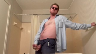 Stroking my Dick and Having an Orgasm with My Testicles Squeezed Through the Fly of My Blue Pants