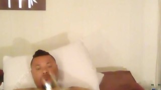 Hot guy self fucks his thick ass with pink dildo and strokes his nice dick