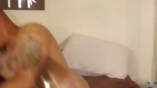 Hot muscle thick guy self fucking himself with dildo and jacking off until he shoots load on himself