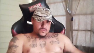 Sexy army guy self fucking his ass from behind on gaming chair