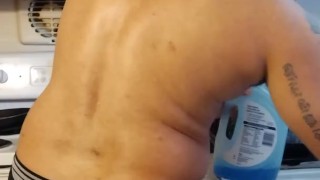 Army Veteran house cleaning in muscle underwear