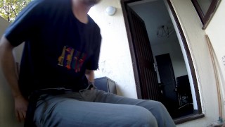 Kudoslong sat on the balcony undressing wanks till he ejaculates spurting cum on body and face