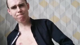 Smart Hot Russian Boy Masturbating At Home Eating Cum from a Container