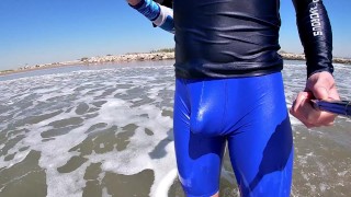Men and women on the beach get horny seeing my cock in wet spandex