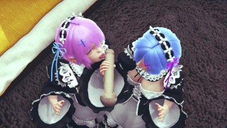 Ram and Rem lick a big cock together