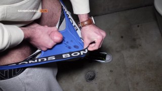 Hung Stud in Gray Sweat Pants Wanks in Public Toilet