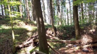 Nude walk around a public Campfire, risky tour on a forestpath, and cum