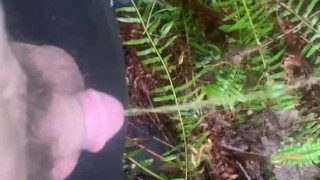 Peeing on the bank near a small waterfall