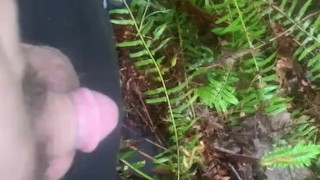 Peeing on the bank near a small waterfall