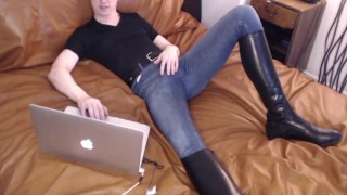 I cum in my jeans and tall boots watching porn on my leather bed